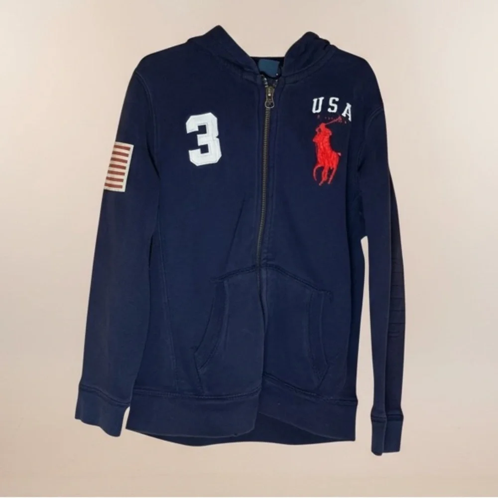 Polo Ralph Lauren Boys Navy Big Pony USA Flag Full Zip Hoodie Jacket Size‎ 7